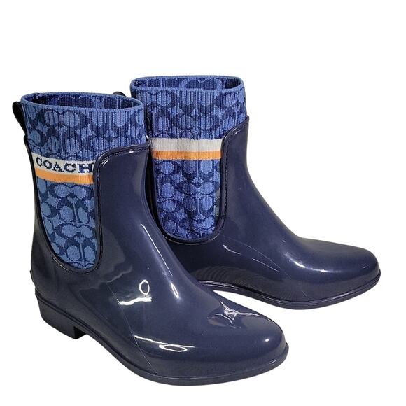 Coach Rivington Logo Navy Blue Rain Boots Womens Size 5 New - Picture 1 of 14